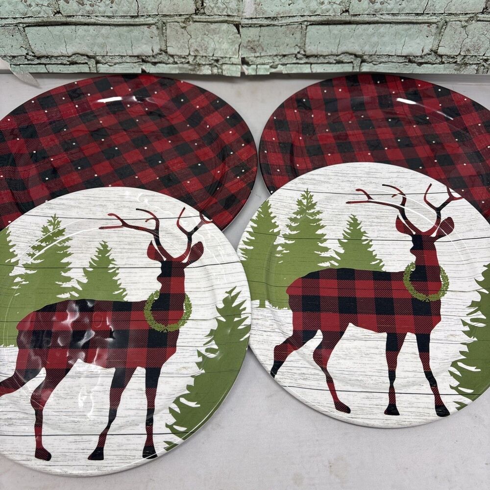 Cynthia Rowley Buffalo Plaid Deer Stag Melamine Plates 9” 11” Christmas Set of 4